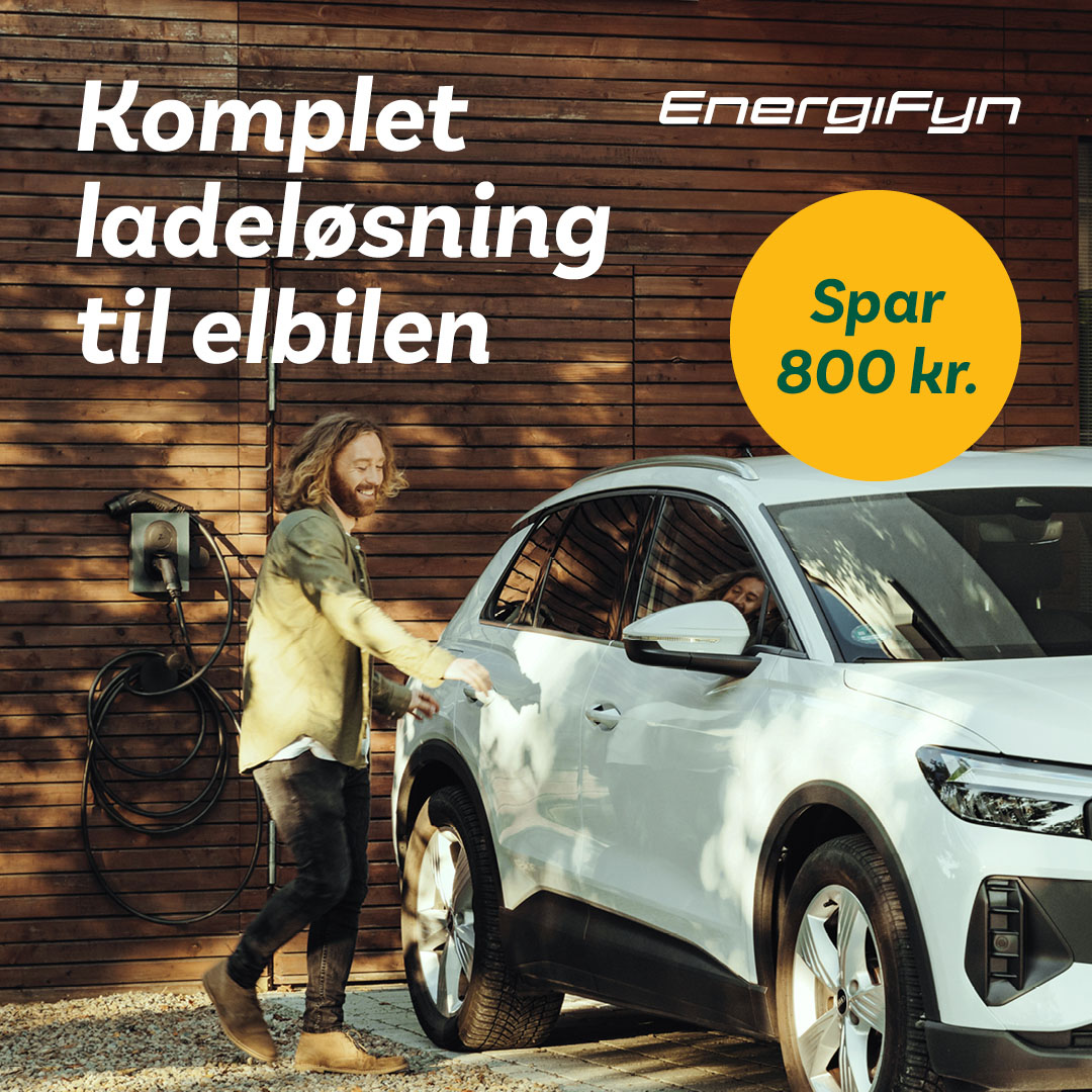 Annonce for Energi Fyn/MCTC-medlemsfordel, der viser en mand og en parkeret bil samt en ladeboks, og hvor der med tekst står "Komplet ladeløsning til ebilen"
