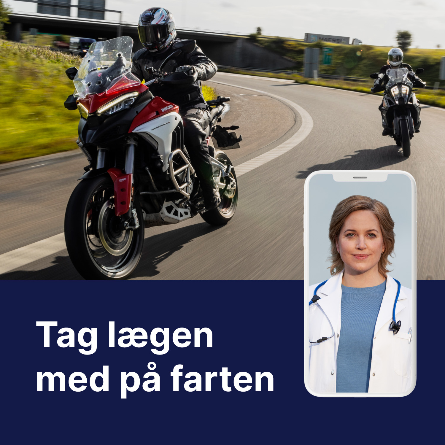 Annonce for Topdanmark/MCTC-medlemsfordel, der viser to motorcykler samt et billede af en læge, hvor der med tekst står "Tag lægen med på farten"