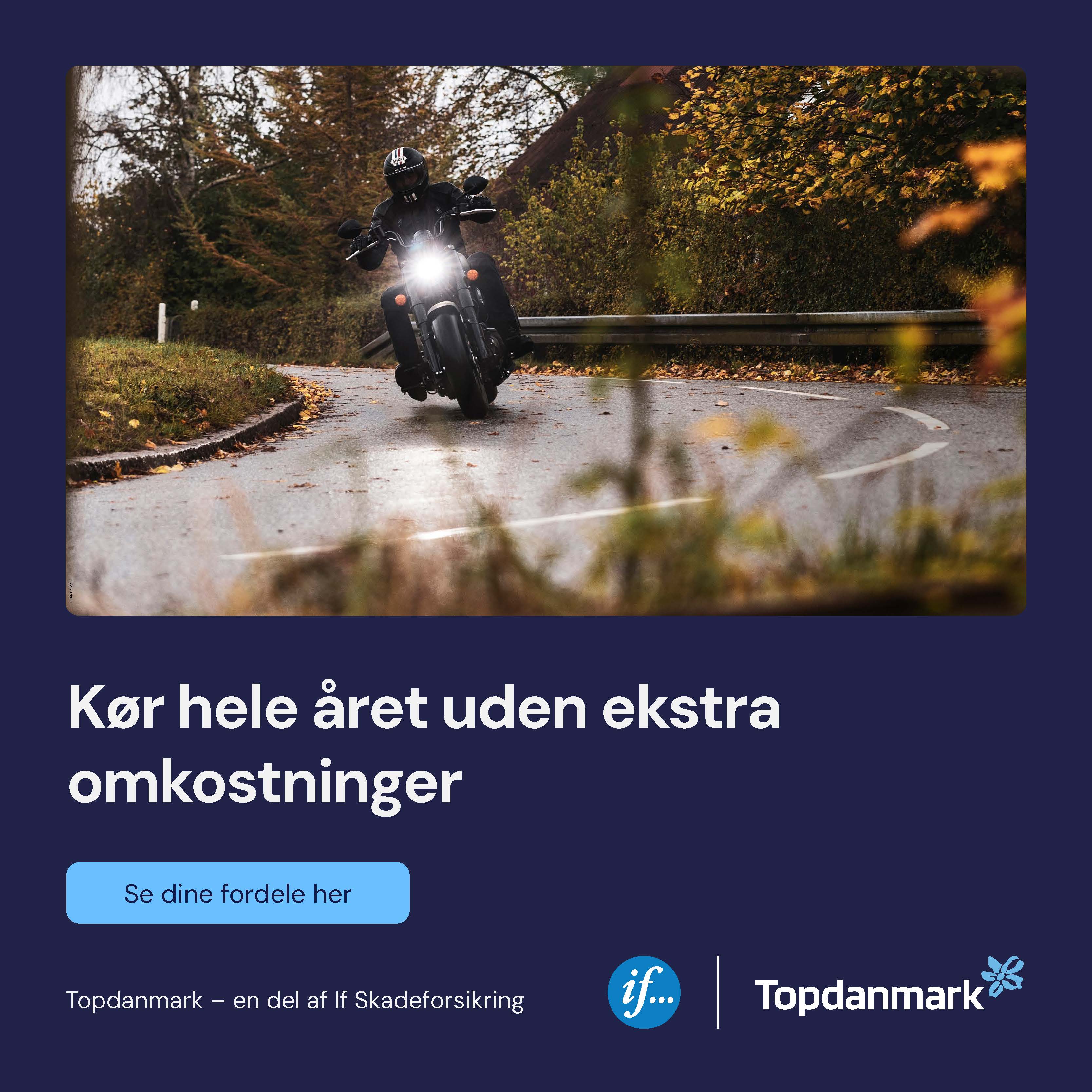 Annonce for Topdanmark/MCTC-medlemsfordel, der viser en motorcykel kørende på vejen samt teksten "Kør hele året uden ekstra omkostninger"